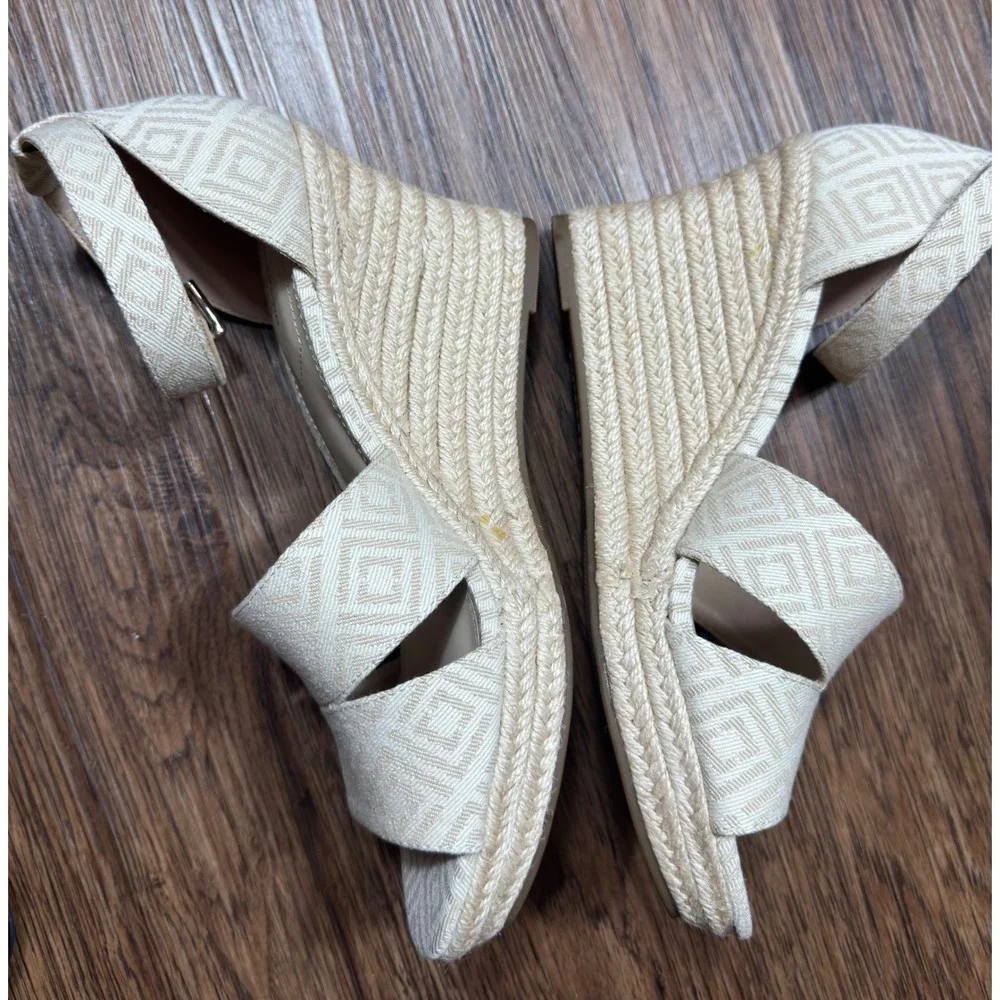 Liz‎ Claiborne Wedge Heels 10 Espadrille Ankle Strap Geometric Beige Light Boho
